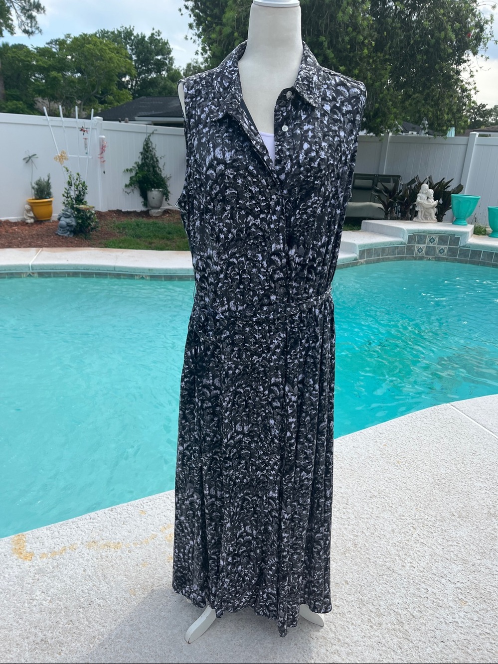 Roaman's Hand-Crinkled Rayon Sleeveless Dress Black & White Paisley Print SZ: 20
